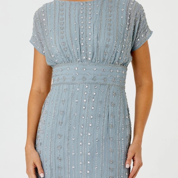 NTW Mac Duggal Size 6 Blue Beaded Empire Waist Column Midi Cocktail Dress 93649 - Picture 3 of 10